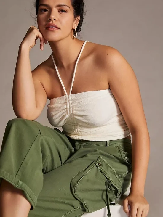 Pilcro Ruched Ribbed Halter In Cream Size S - Picture 2 of 8